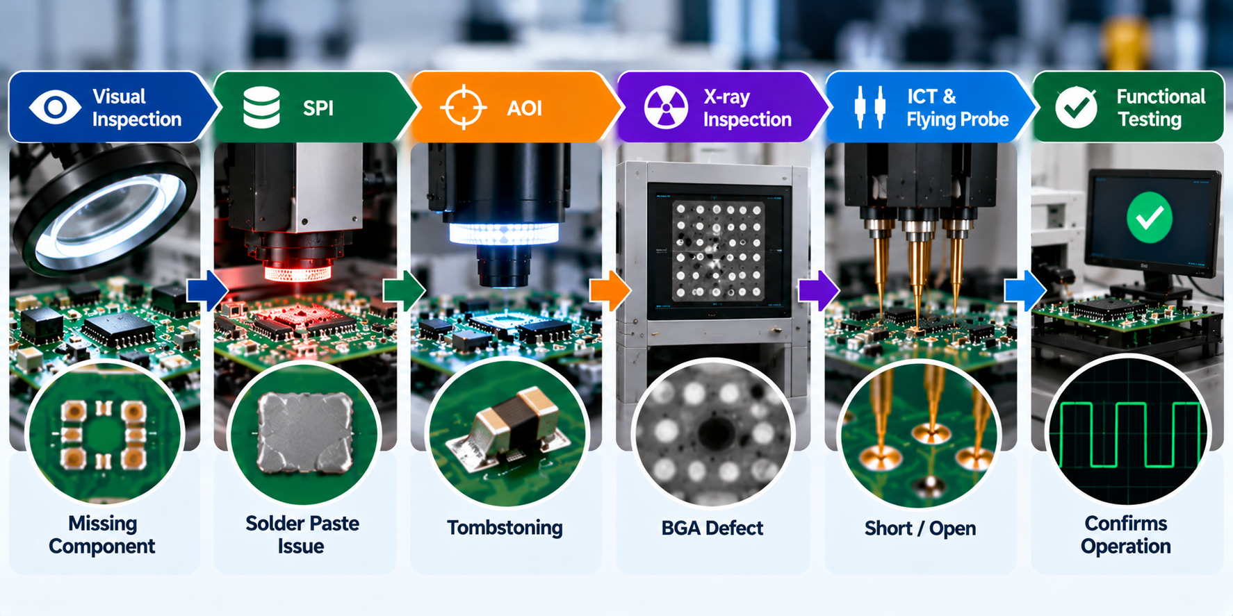 PCB defect detection methods, including SPI, AOI, X-ray and functional testing