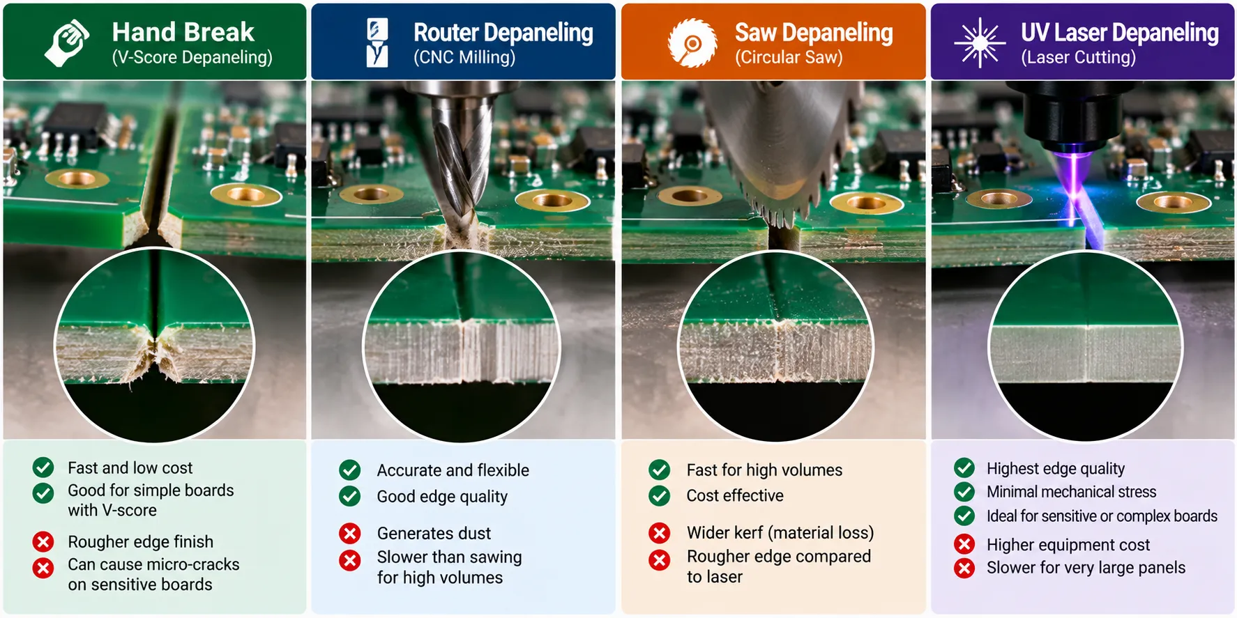 Four-way comparison of board edges produced by hand break, router, saw and UV laser depaneling