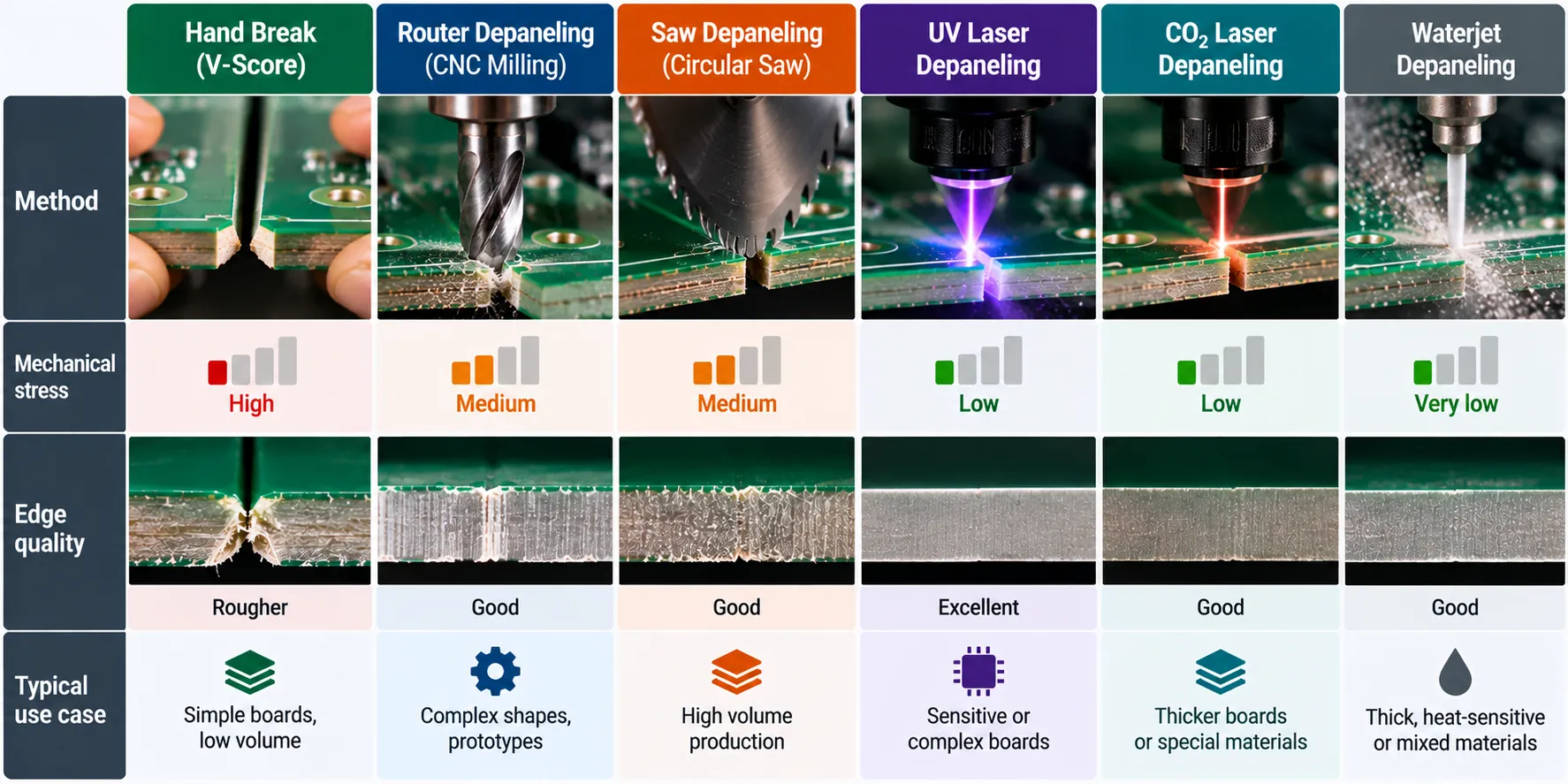 Summary card ranking six depaneling methods by stress level, edge quality and typical use case