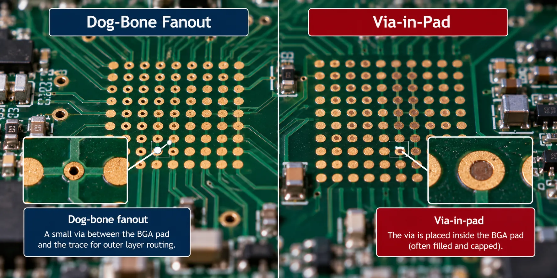 BGA footprint layout showing via-in-pad and dog-bone fanout routing strategies