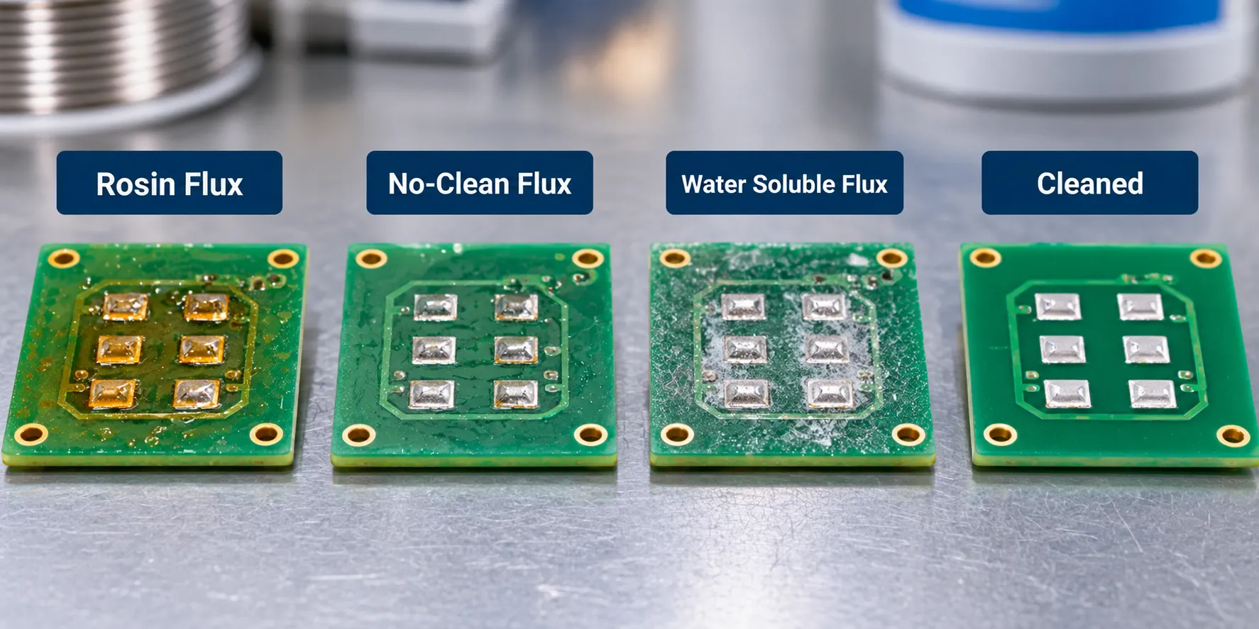 Board coupons showing amber rosin residue, clear no clean residue, water soluble residue and a cleaned surface