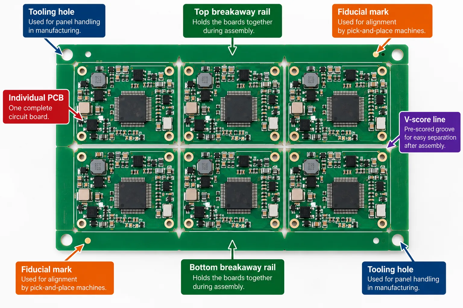 Panel layout diagram showing individual boards, breakaway rails, tooling holes and fiducial marks