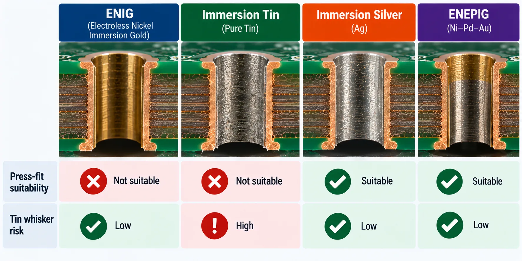 Chart comparing PCB surface finishes for press-fit suitability against tin whisker risk