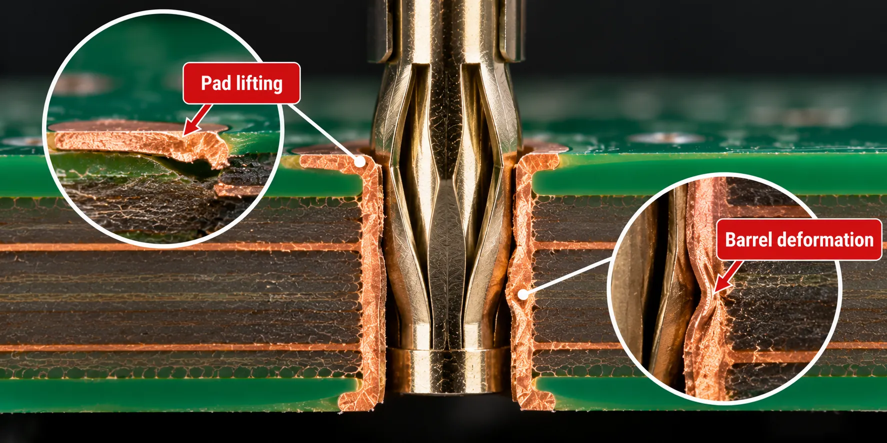  Microsection of a press-fit pin in a plated through hole with pad lifting and barrel deformation annotated