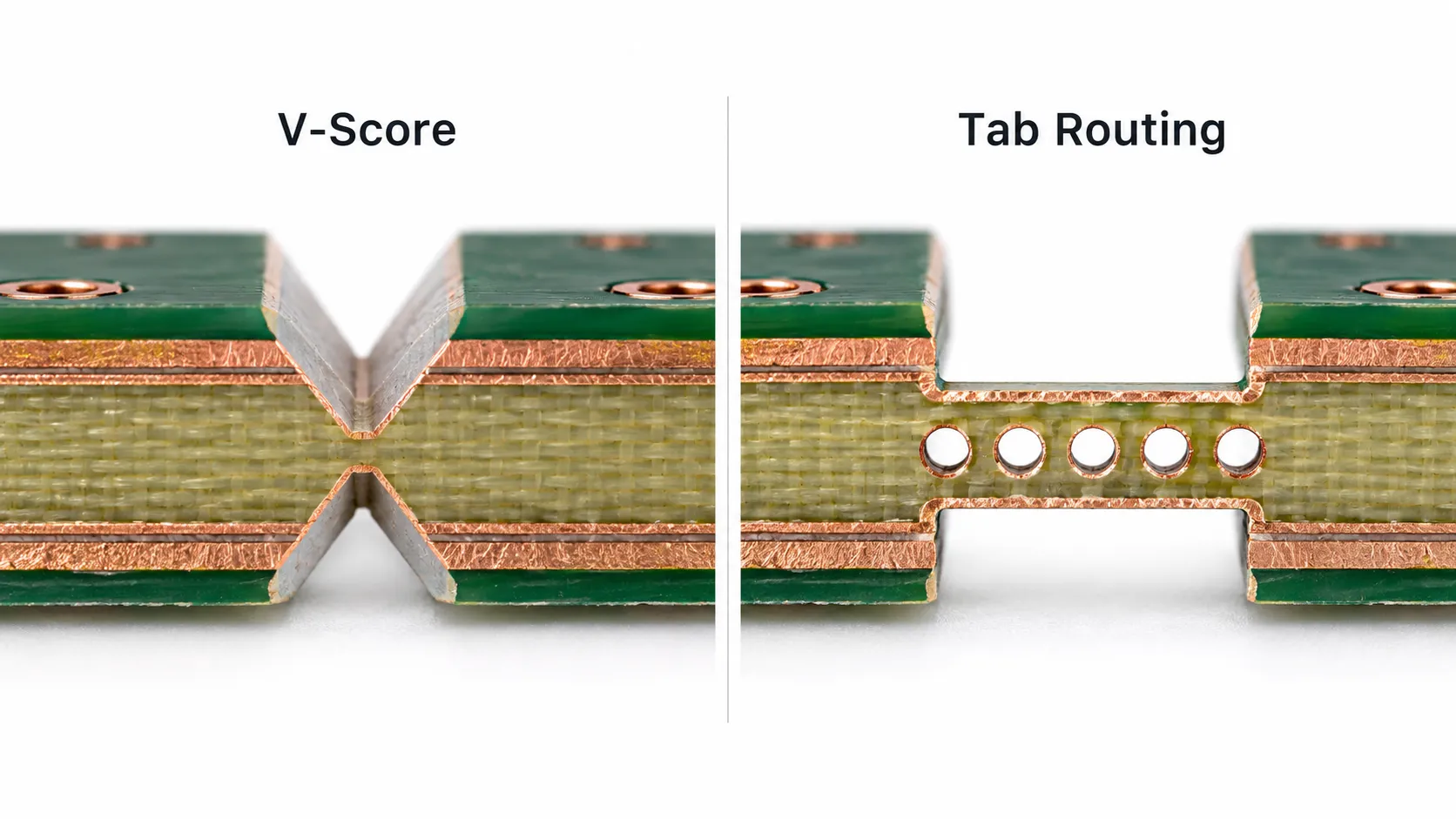 Cross-section of a V-score groove leaving a central web beside a routed tab with drilled mouse bite holes