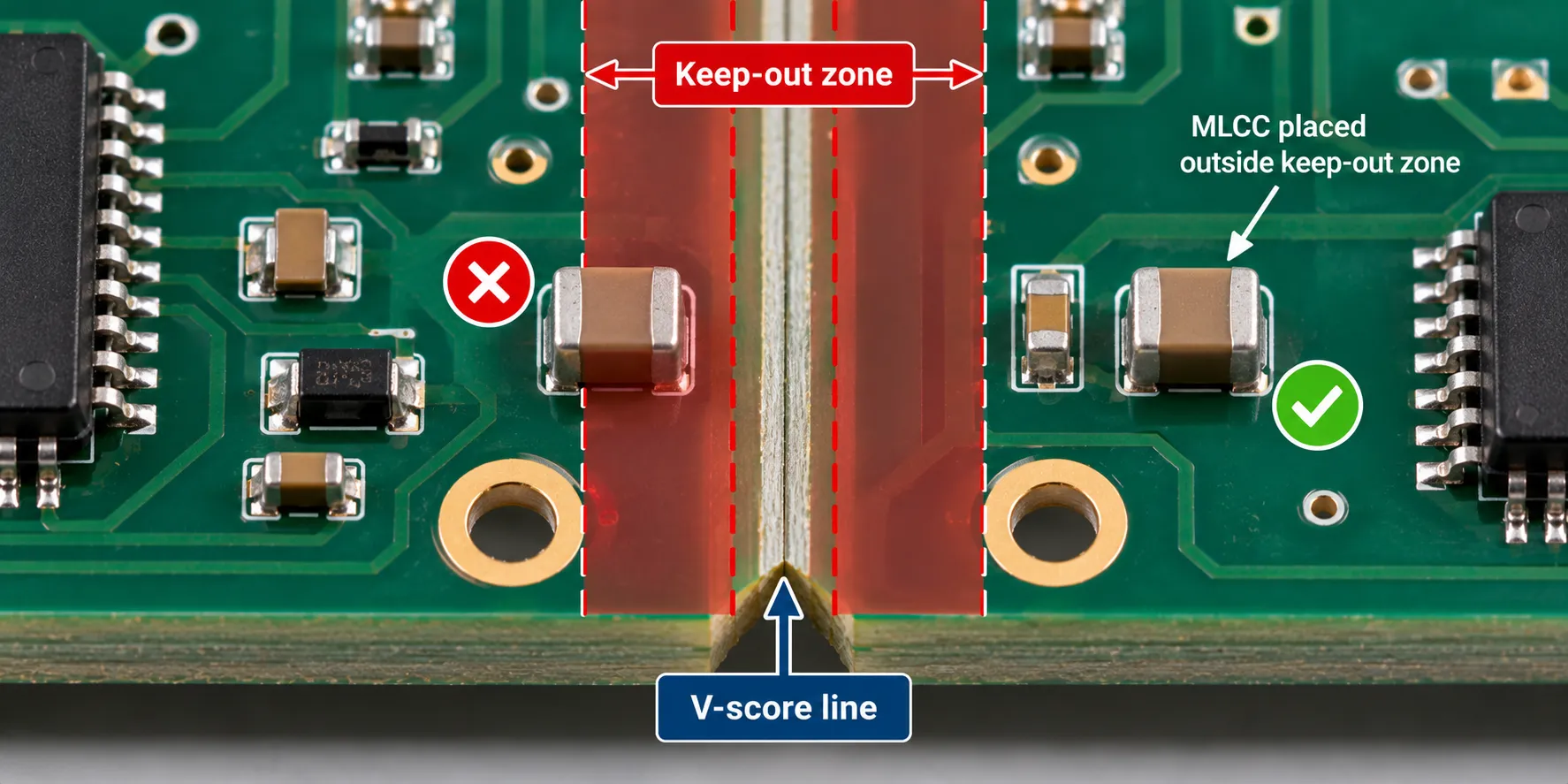 Board layout showing a keep-out zone along a V-score line with ceramic capacitors placed outside it