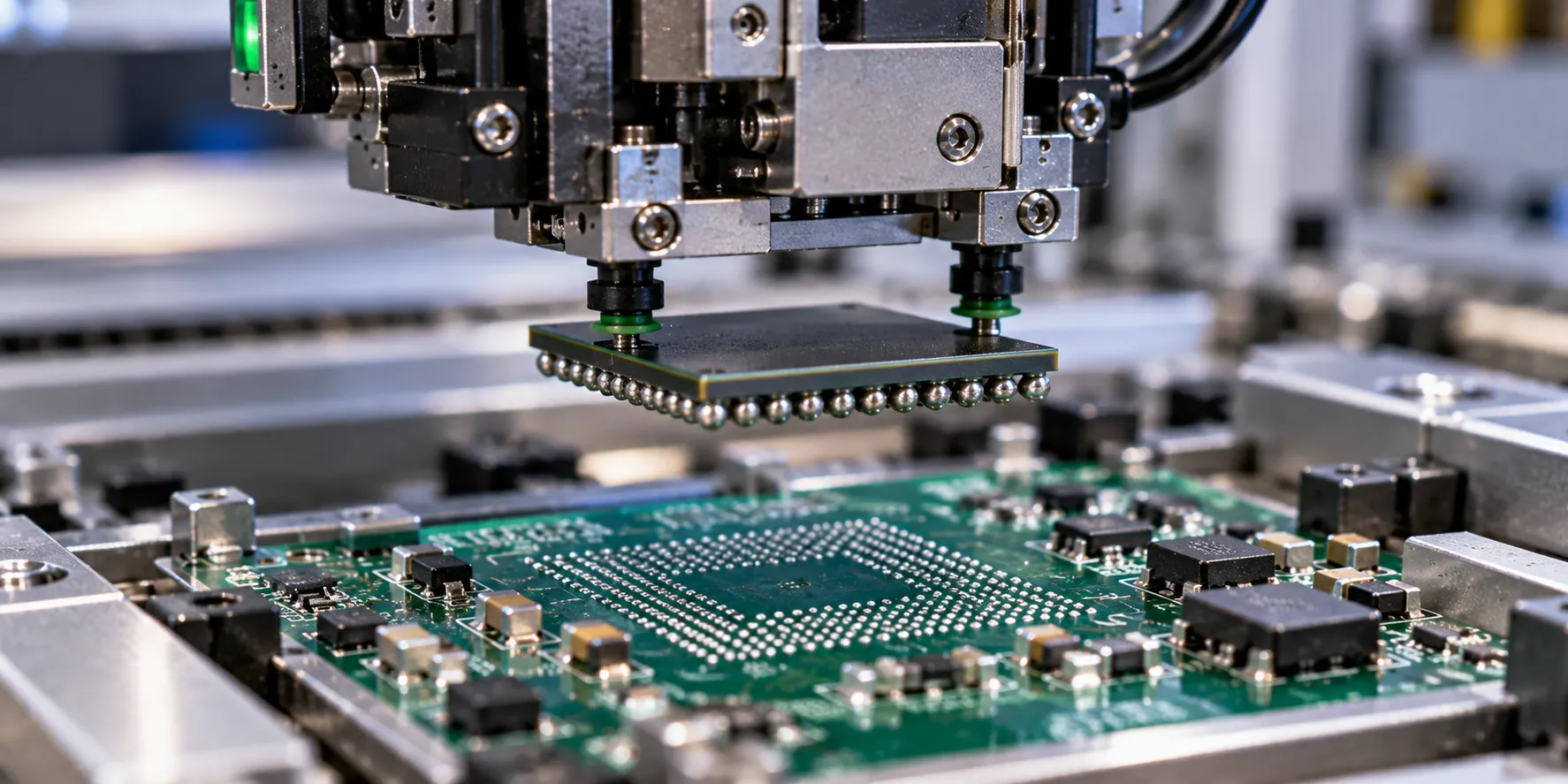 Pick-and-place machine positioning a BGA component during the BGA assembly process