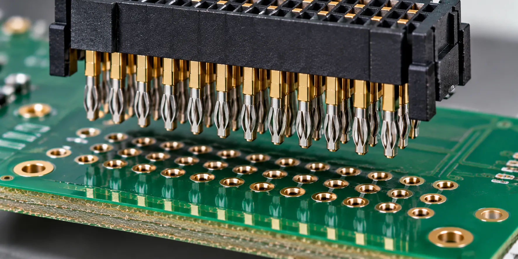 Multi-row press-fit header connector above a circuit board with compliant pin zones visible