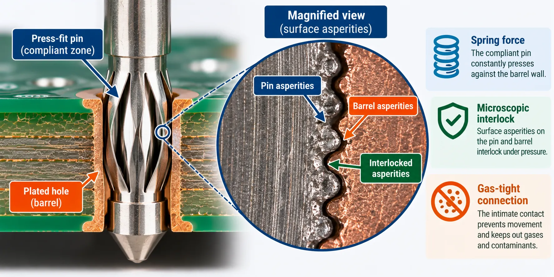 Magnified diagram of pin and barrel surface asperities interlocking under spring pressure in a press-fit connection