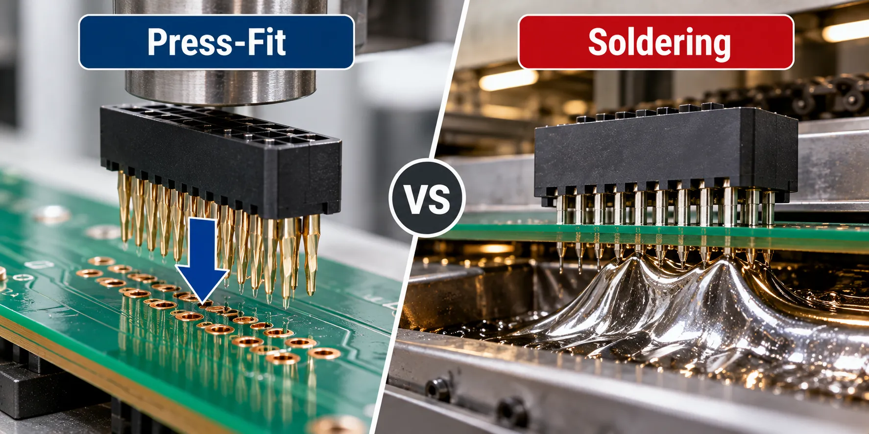 Split illustration of a connector pressed into a board beside the same connector passing over a solder wave