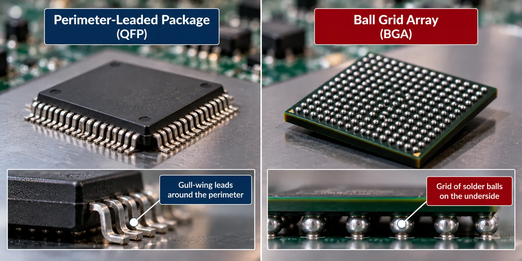 Ball grid array package compared with a perimeter-leaded package showing the difference in connection layout