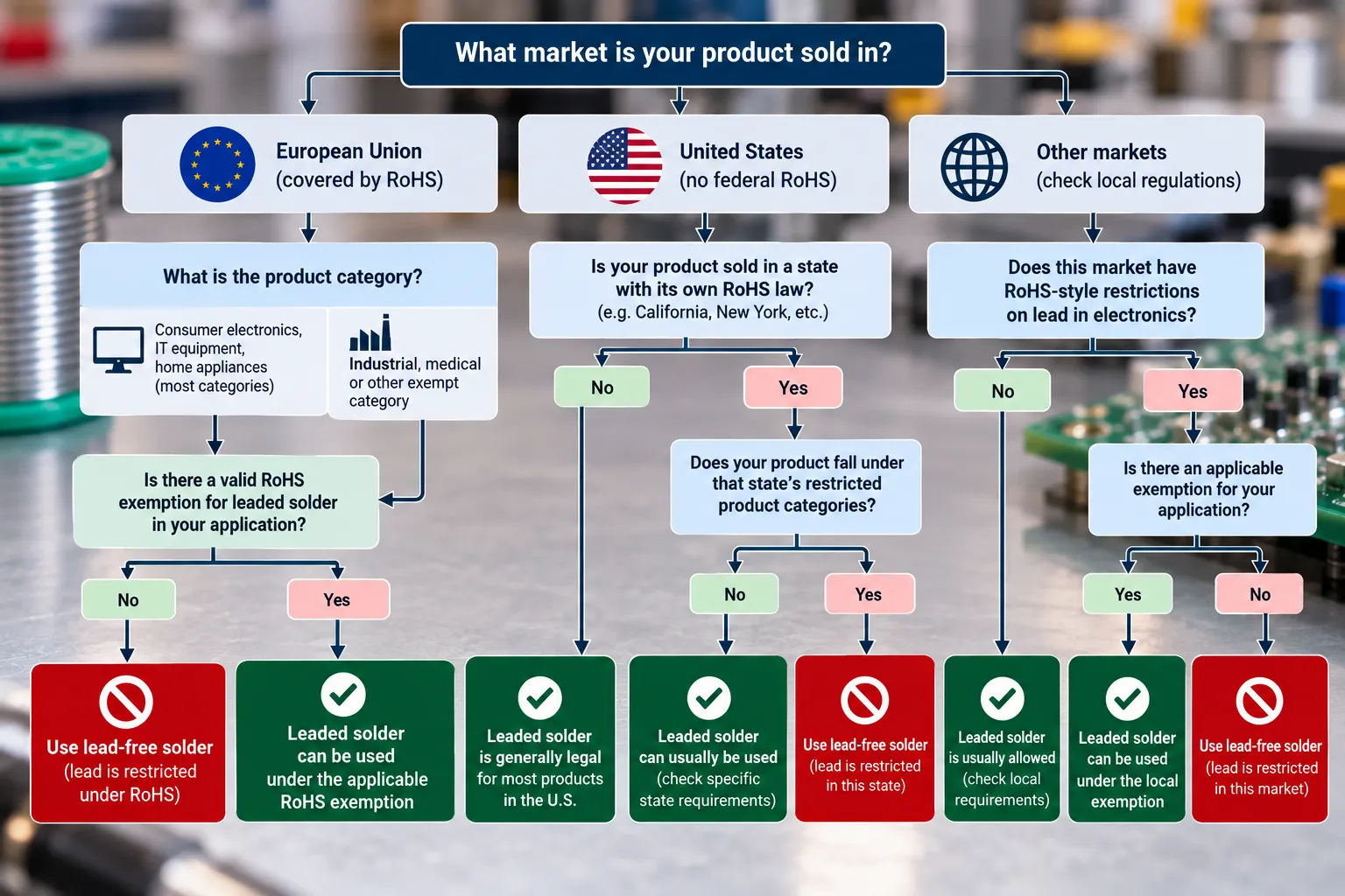 Decision tree from product market and category through RoHS scope and exemption checks to a leaded or lead-free outcome