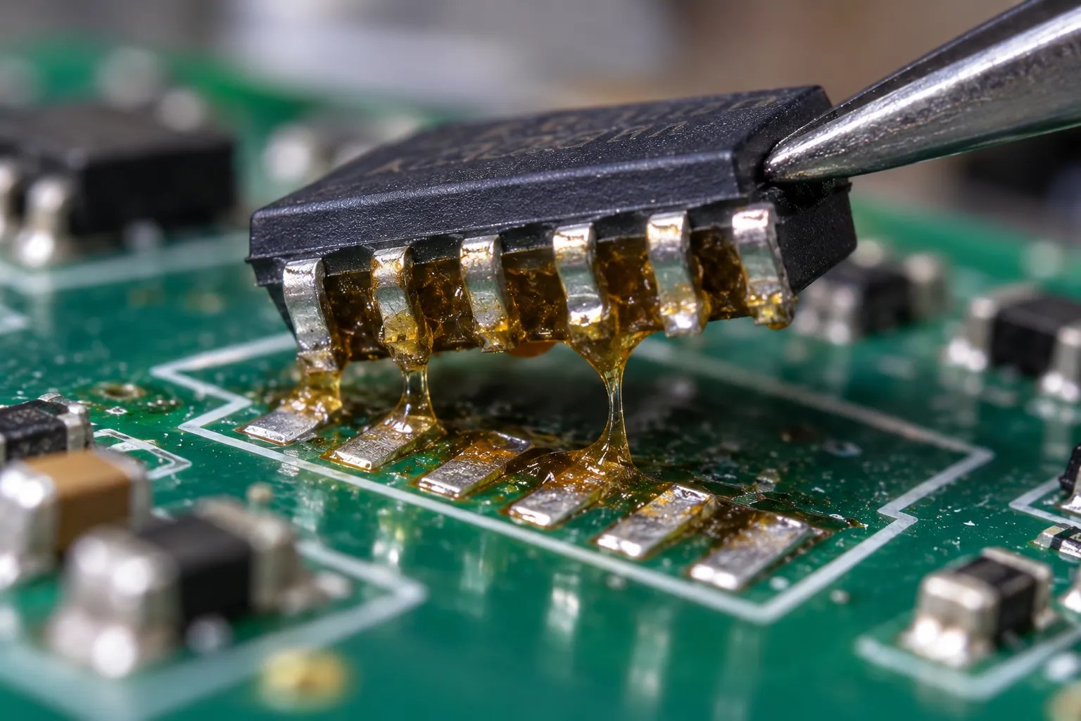 Trapped flux residue bridging between lead pads beneath a lifted surface mount component