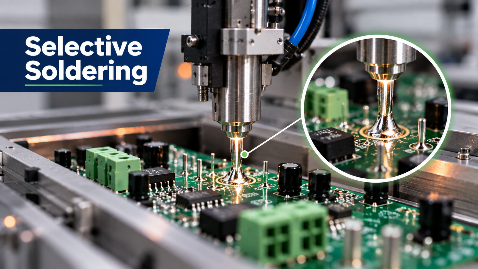 Selective soldering machine applying molten solder to targeted through-hole joints on a PCB.