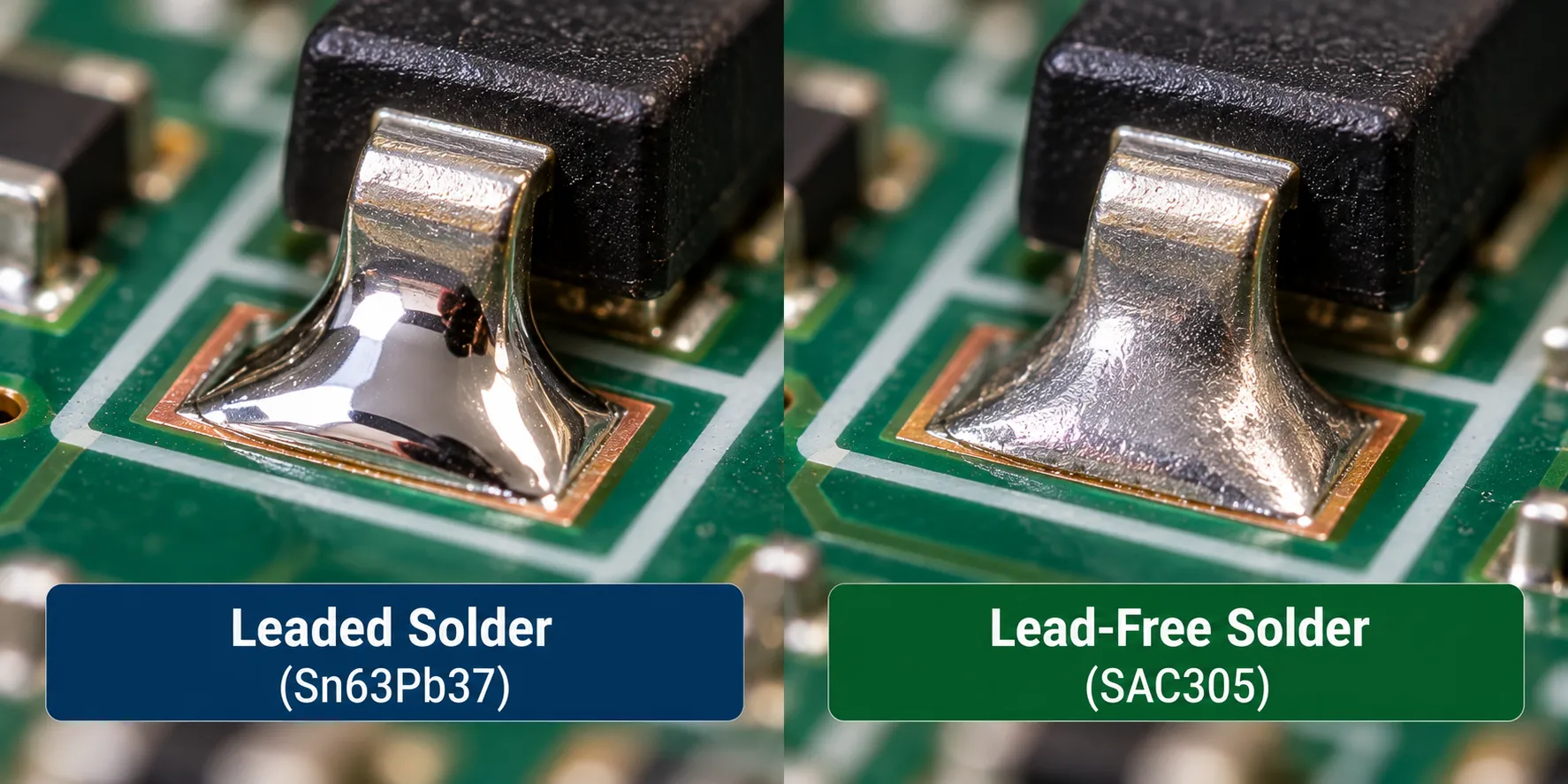 Macro comparison of a bright leaded solder fillet beside a normal duller lead-free fillet
