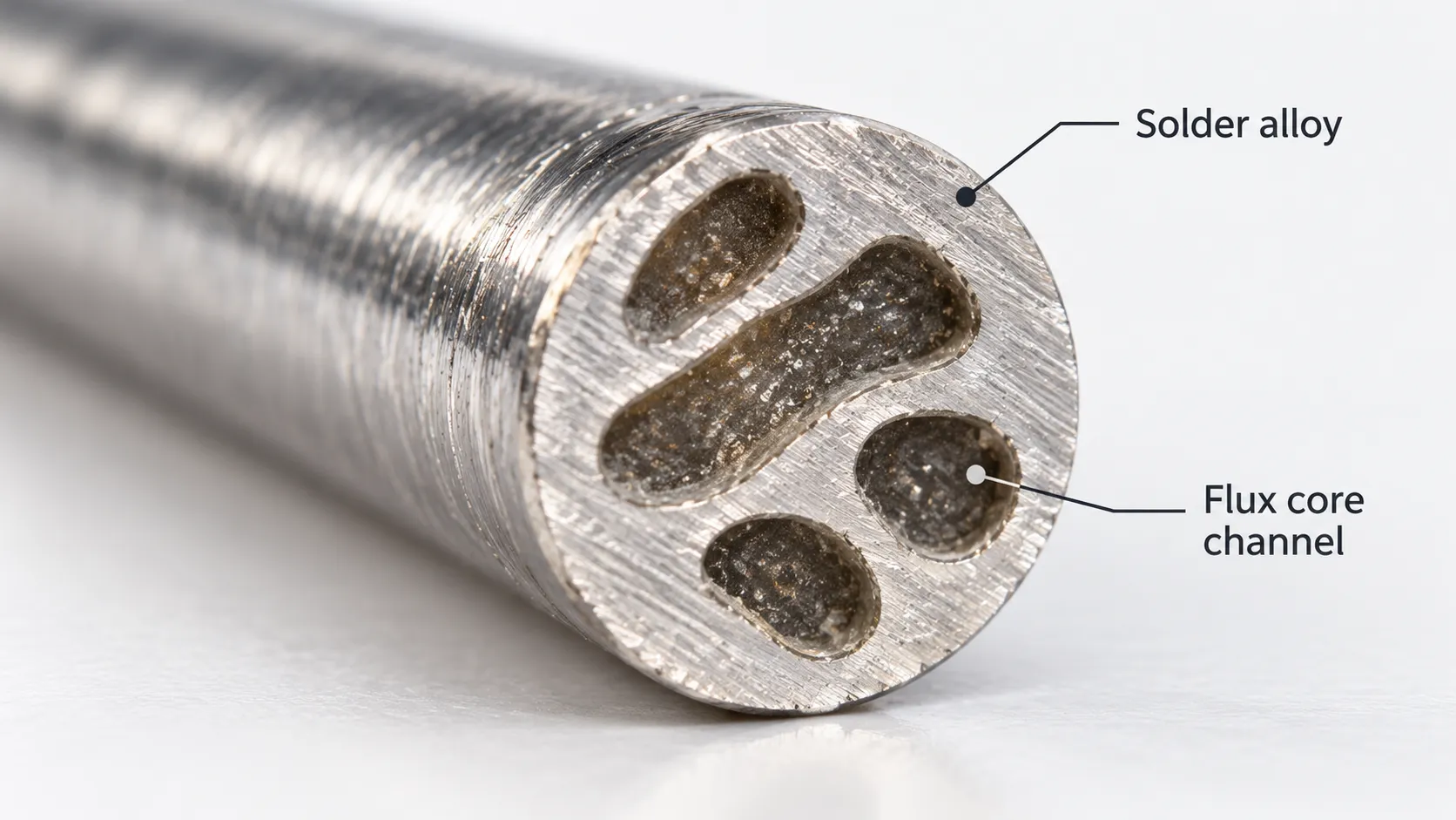 Cross section illustration of flux cored solder wire showing flux channels running through the alloy