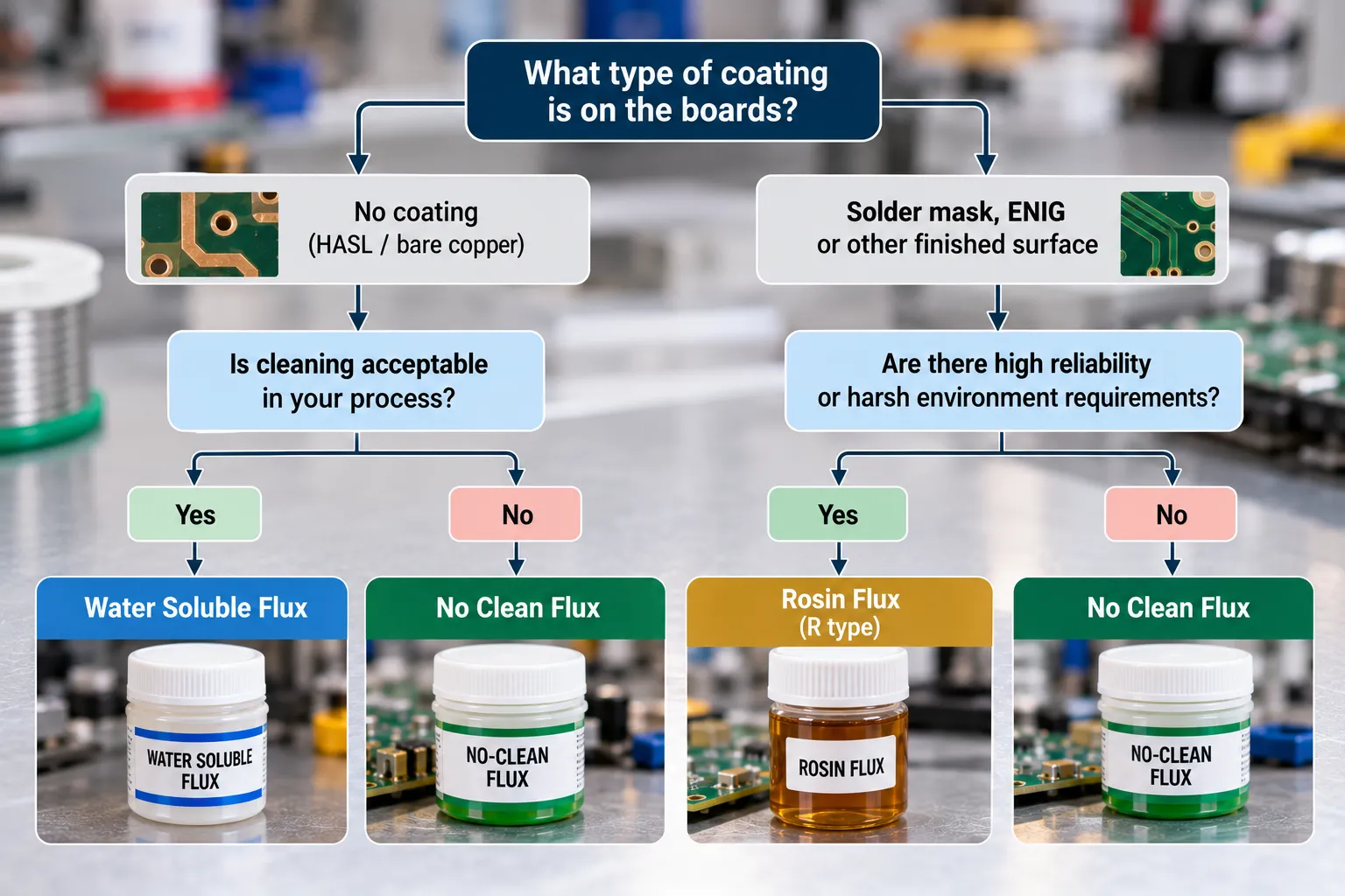 Decision flowchart leading from coating and test requirements to a no clean or water soluble flux recommendation