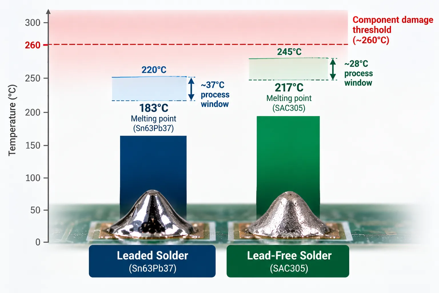 Chart showing leaded and lead-free melting points against a component damage threshold and the narrower lead-free process window