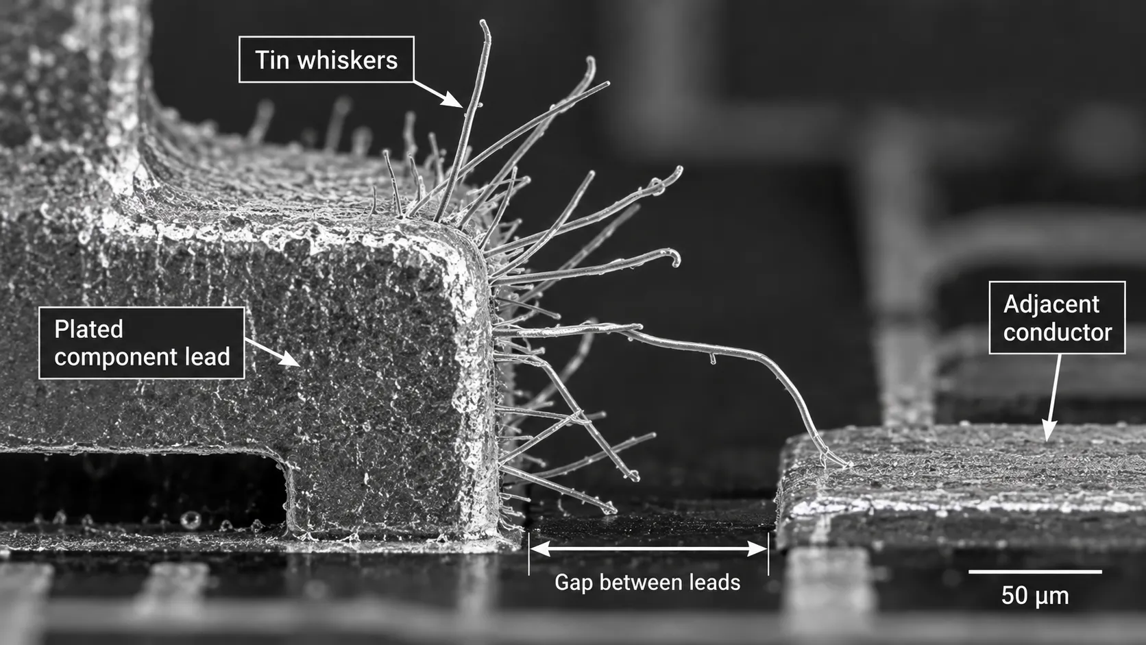 Tin whiskers growing from a plated component lead toward an adjacent conductor