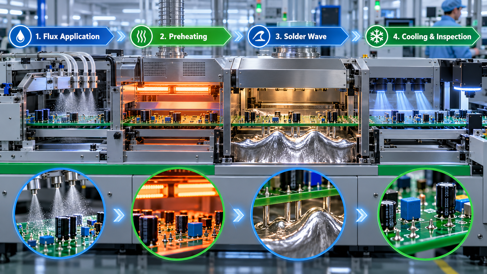 Wave soldering process showing flux application, preheating, solder wave contact, and cooling of PCB assemblies.