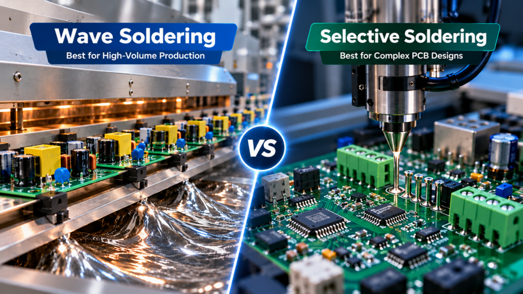 Selective soldering vs wave soldering comparison showing PCB assembly equipment and soldering processes.