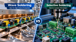 Selective soldering vs wave soldering comparison showing PCB assembly equipment and soldering processes.