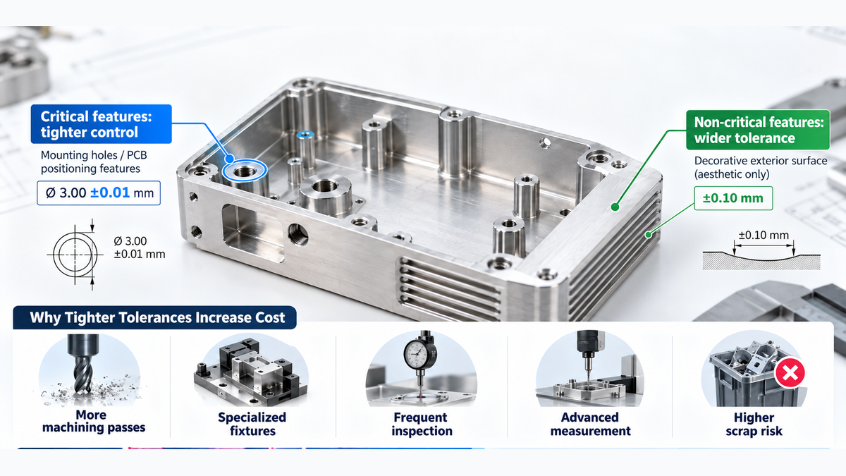 CNC machining tolerances showing precision requirements, manufacturing costs, and inspection methods.