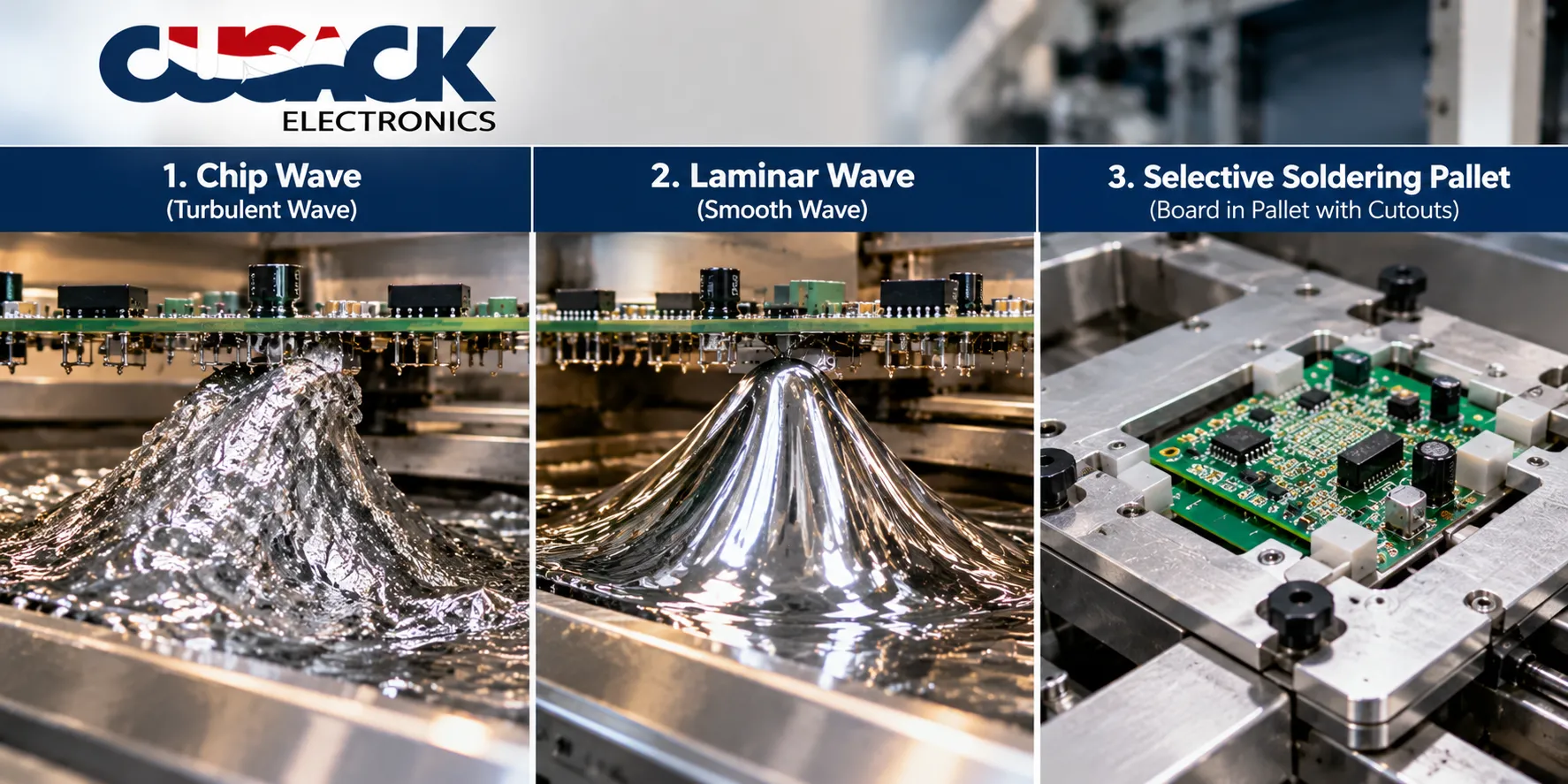 Dual wave soldering with a turbulent chip wave and a laminar wave, beside a selective soldering pallet