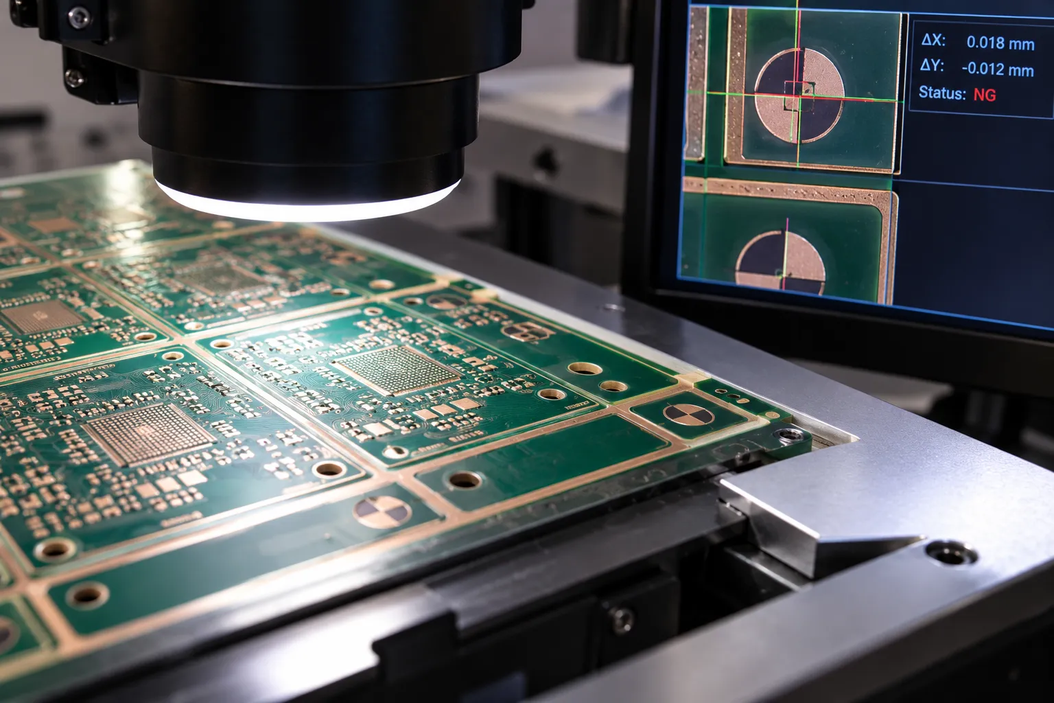 Inspection of an HDI fabrication panel showing layer registration targets used to control drift