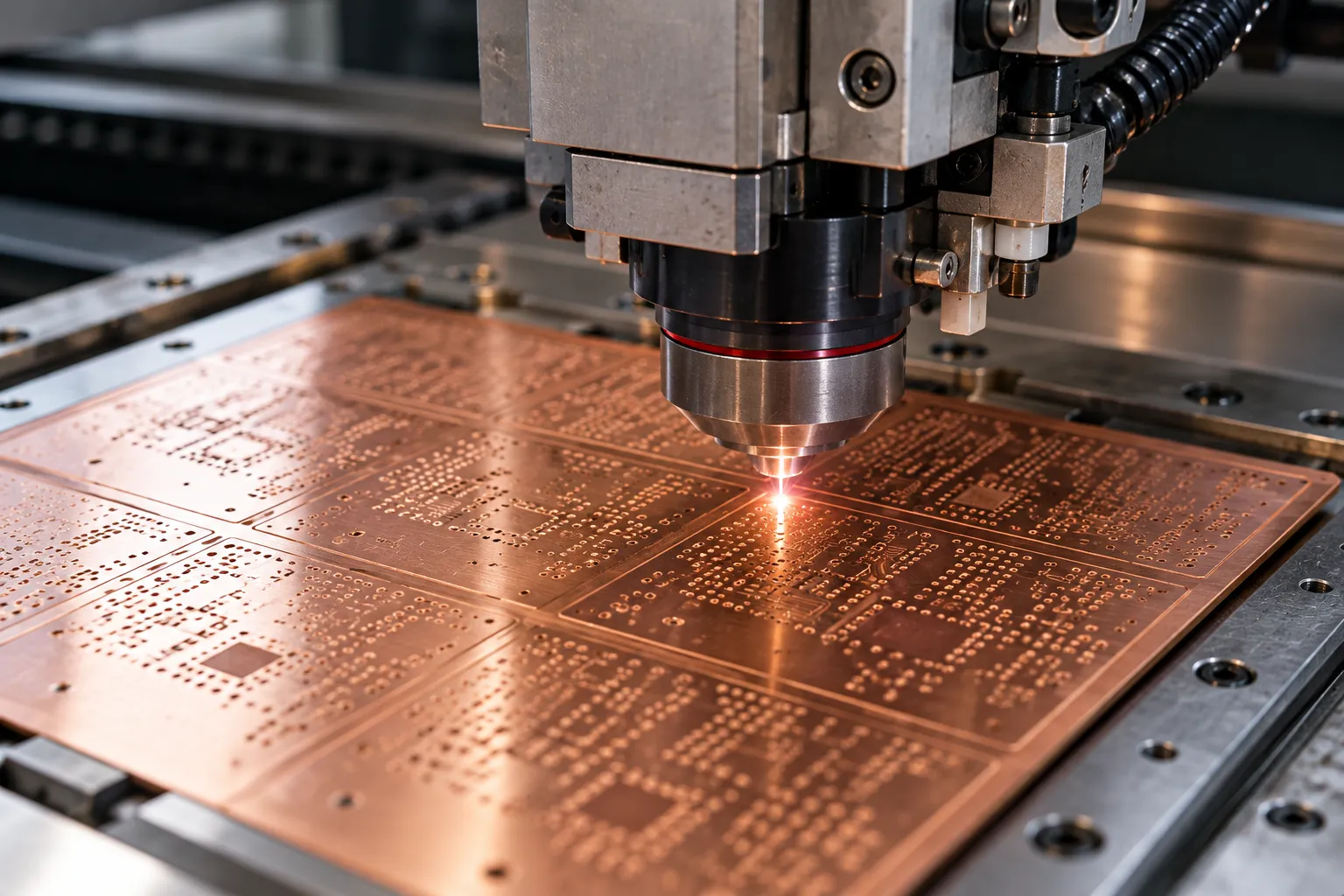 Laser drilling a thin copper-clad panel during HDI PCB manufacturing