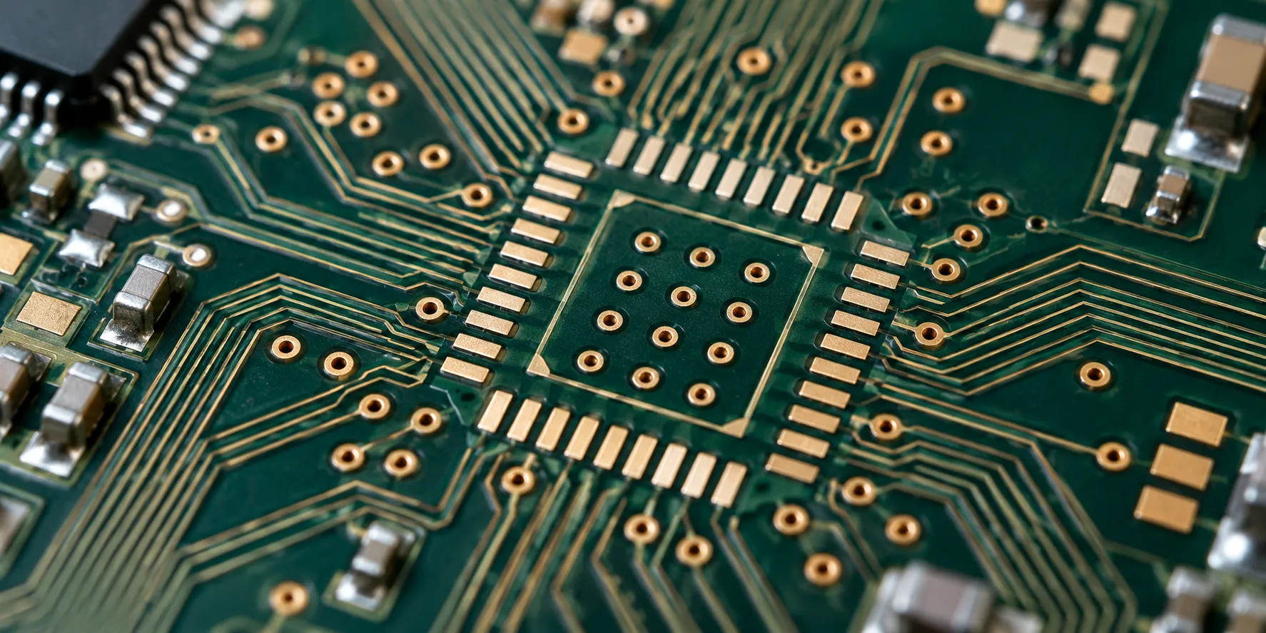 HDI PCB surface showing fine-line routing and laser-drilled microvias around a component footprint