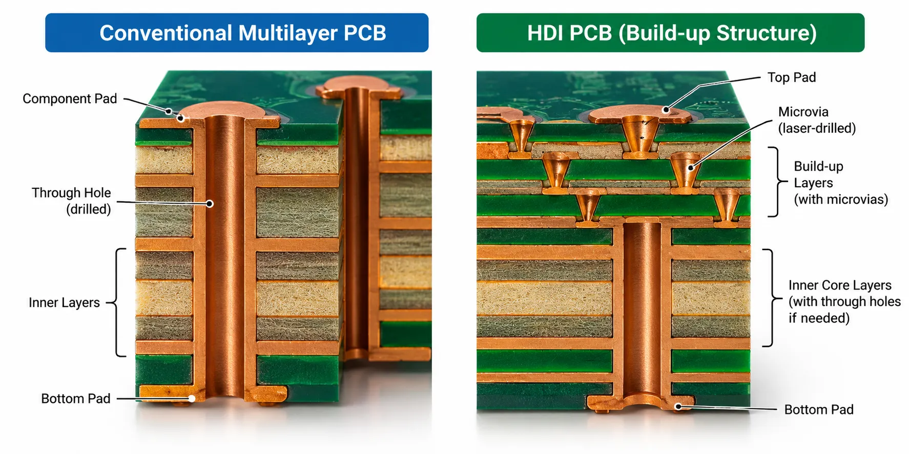Cross-section comparing a conventional multilayer circuit board with an HDI build-up structure