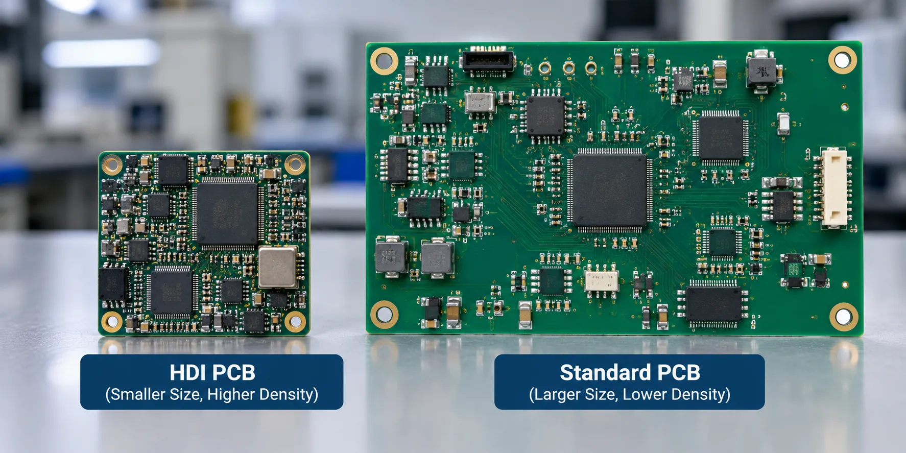 A compact HDI board beside a larger conventional PCB carrying comparable components