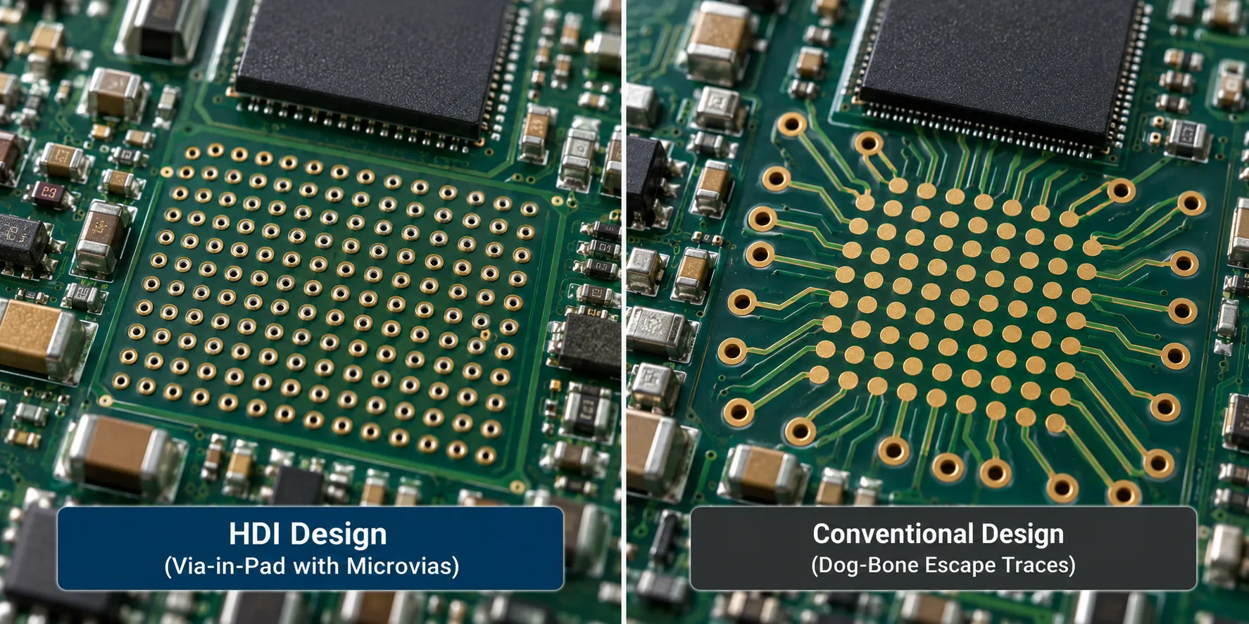 Fine-pitch BGA footprint using via-in-pad compared with a conventional dog-bone escape pattern