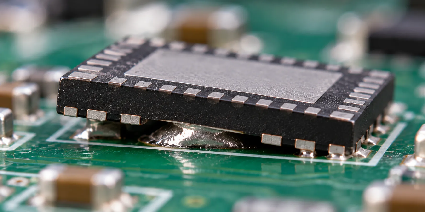 A QFN package floating on excess solder under the thermal pad, lifting the perimeter joints