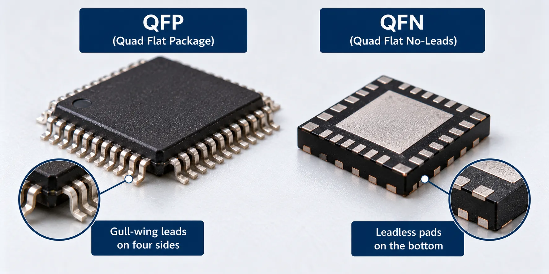 QFN package compared with a QFP package showing leadless pads against gull-wing leads
