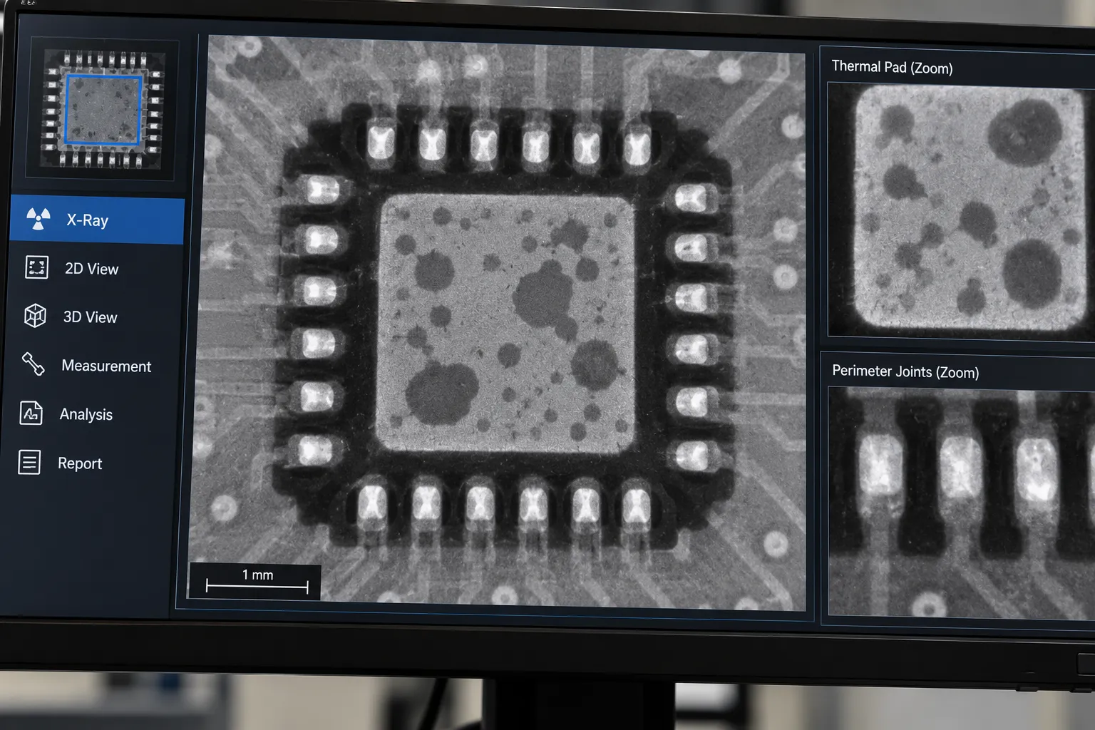 X-ray inspection of a QFN showing perimeter joints and voids in the thermal pad
