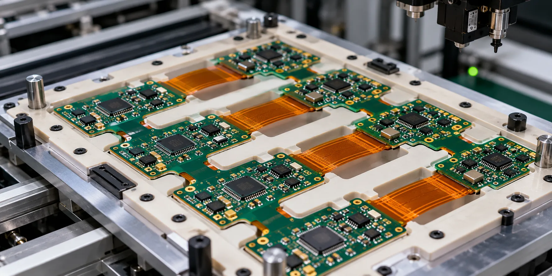 Rigid-flex panel supported in a carrier fixture during PCB assembly