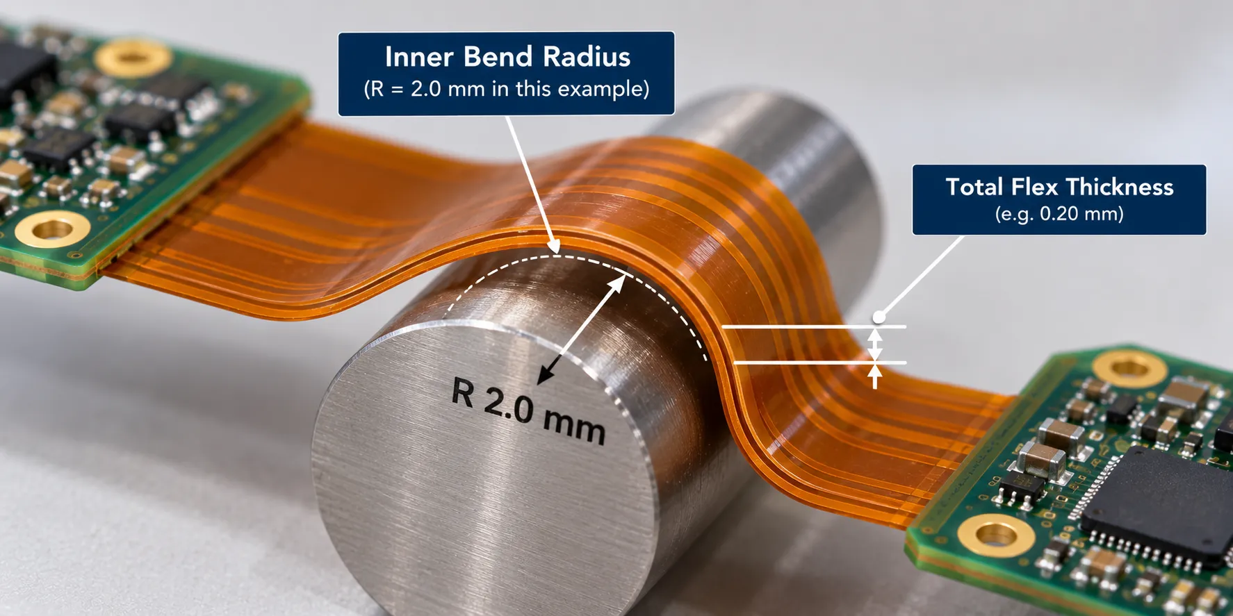  Measuring the inner bend radius of a flexible circuit section against its total thickness
