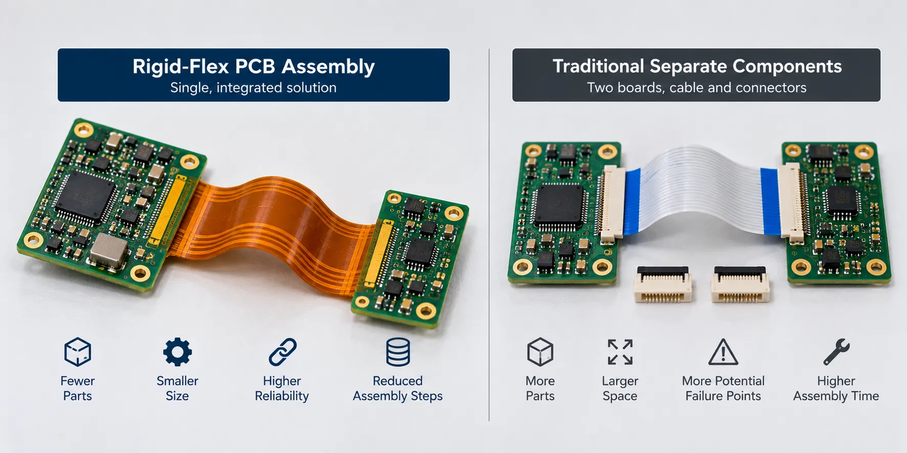 A rigid-flex assembly beside the two boards, cable and connectors it replaces