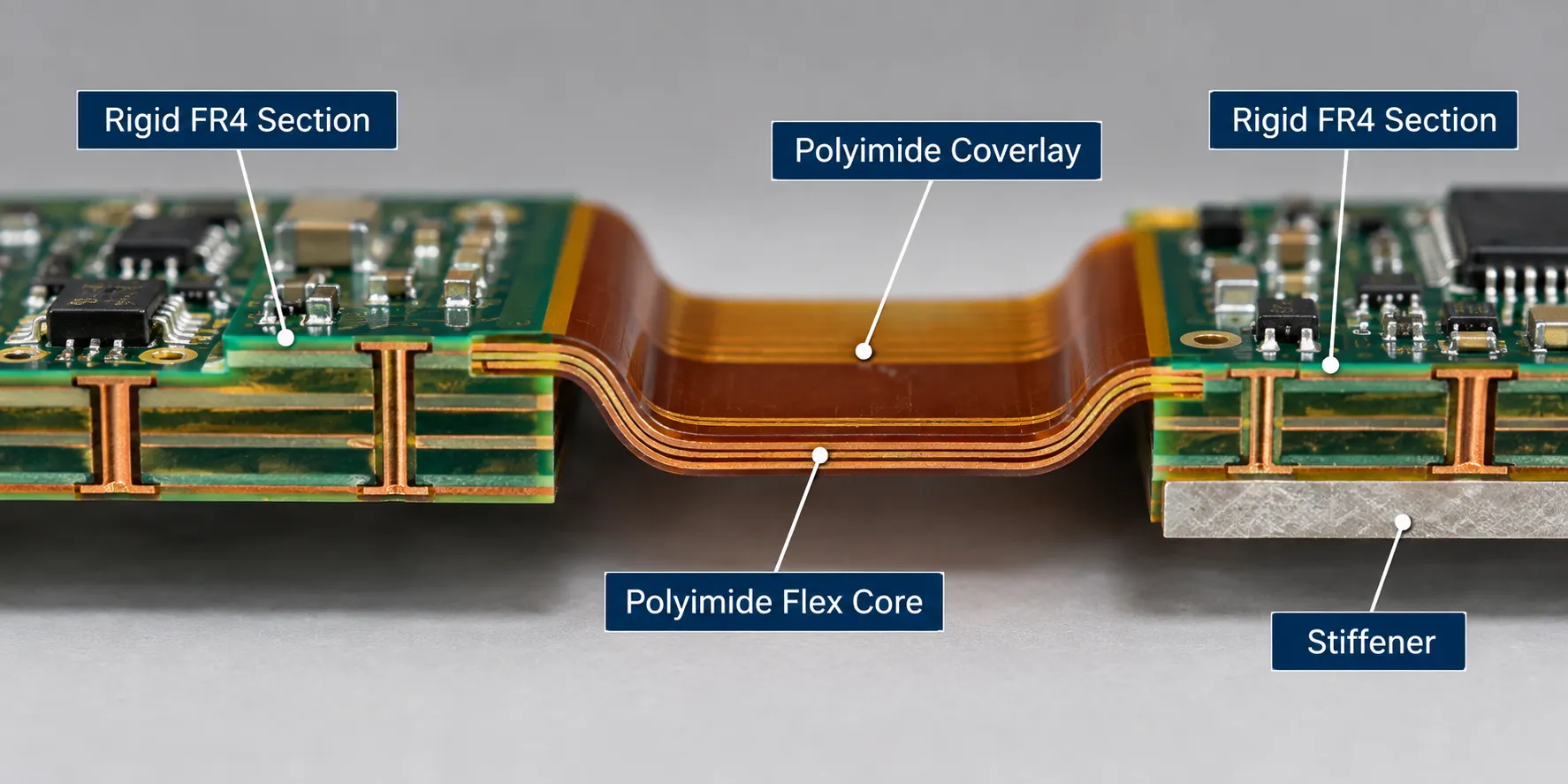 Cross-section of a rigid-flex PCB showing FR4 rigid sections, polyimide flex core, coverlay and stiffener