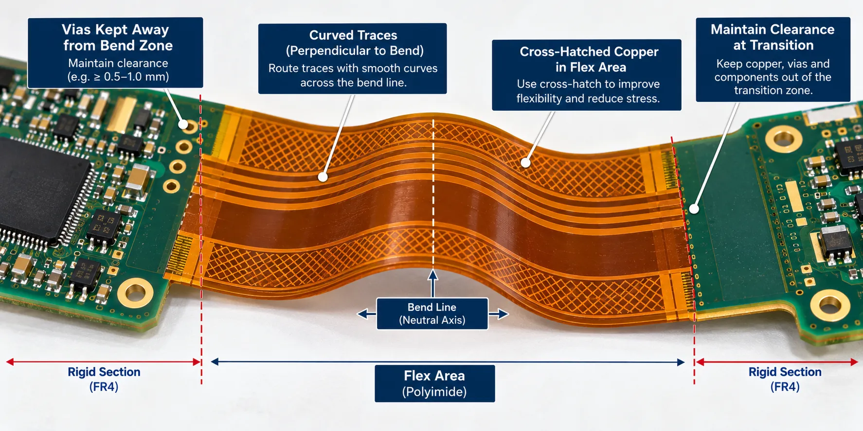 Flex area layout showing curved traces, cross-hatched copper and vias kept clear of the bend zone