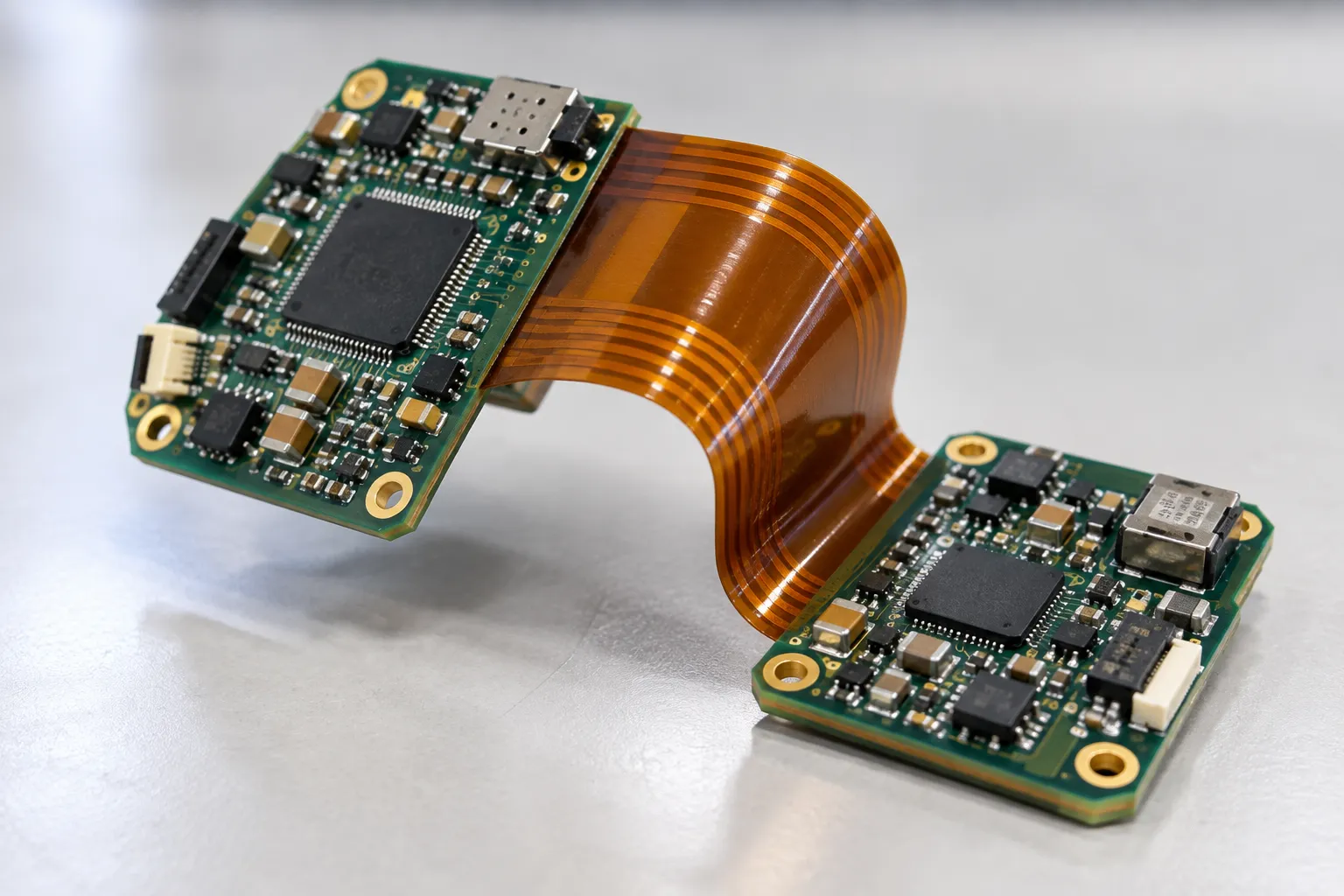 Rigid-flex PCB with two populated rigid sections joined by a flexible polyimide ribbon