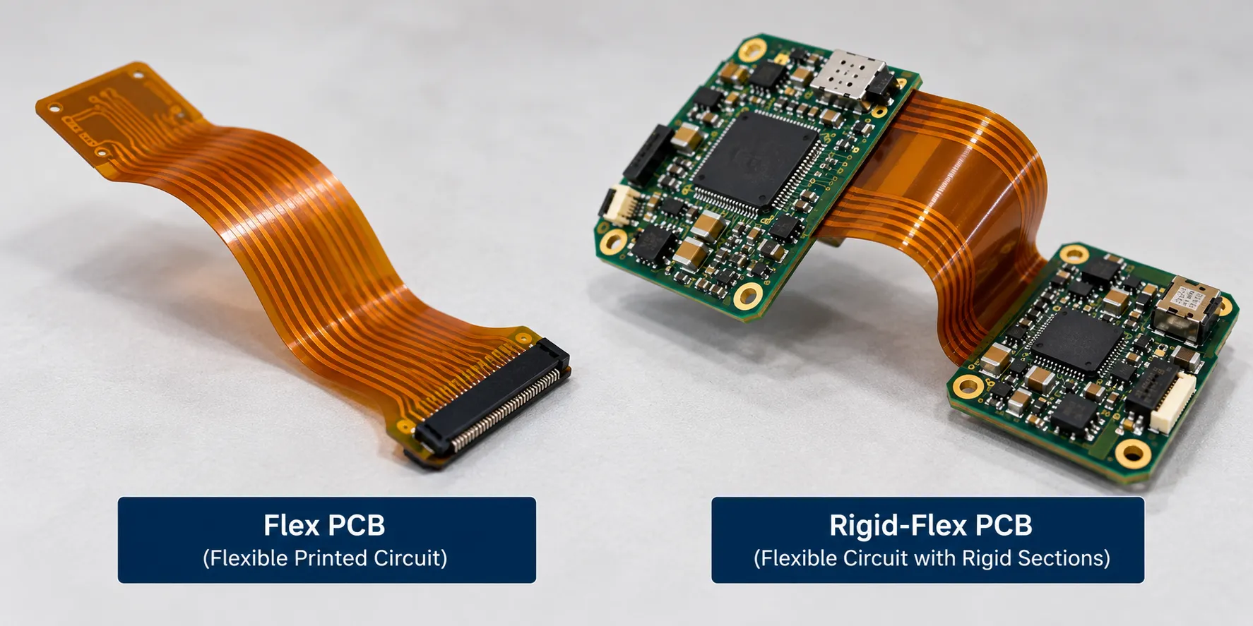 A flexible printed circuit compared with a rigid-flex board showing integrated rigid sections