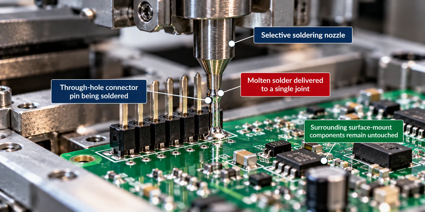 Selective soldering nozzle forming a single through-hole solder joint without touching nearby components