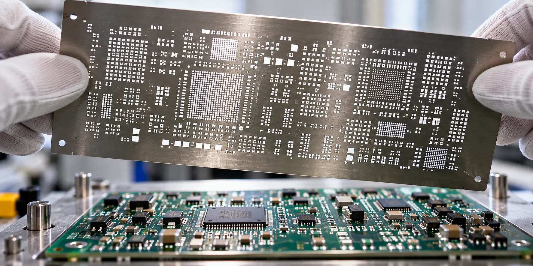 Laser-cut stainless steel solder paste stencil showing apertures above a circuit board