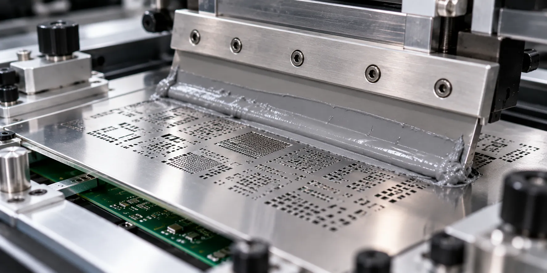 Squeegee sweeping solder paste across an SMT stencil during stencil printing