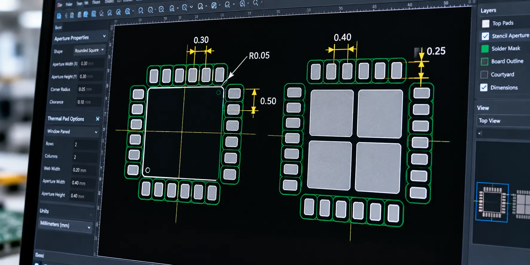 Stencil aperture design showing rounded square apertures and a windowpaned thermal pad