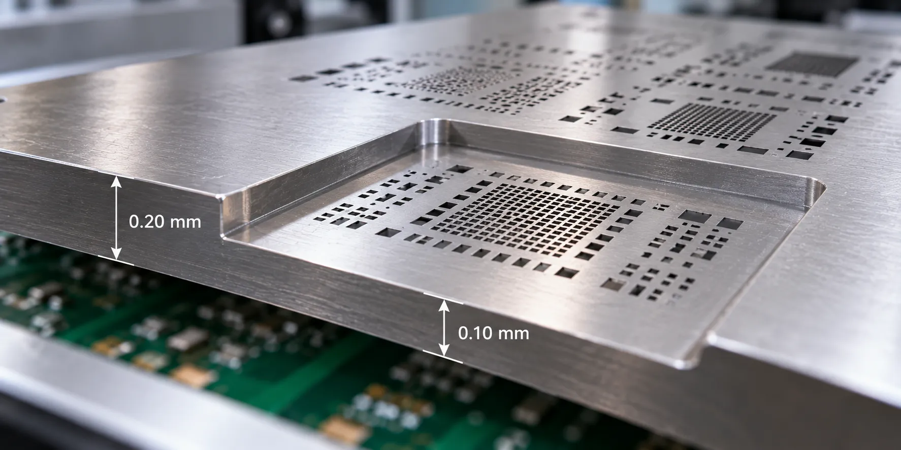 Step stencil showing a milled area where foil thickness changes across the board