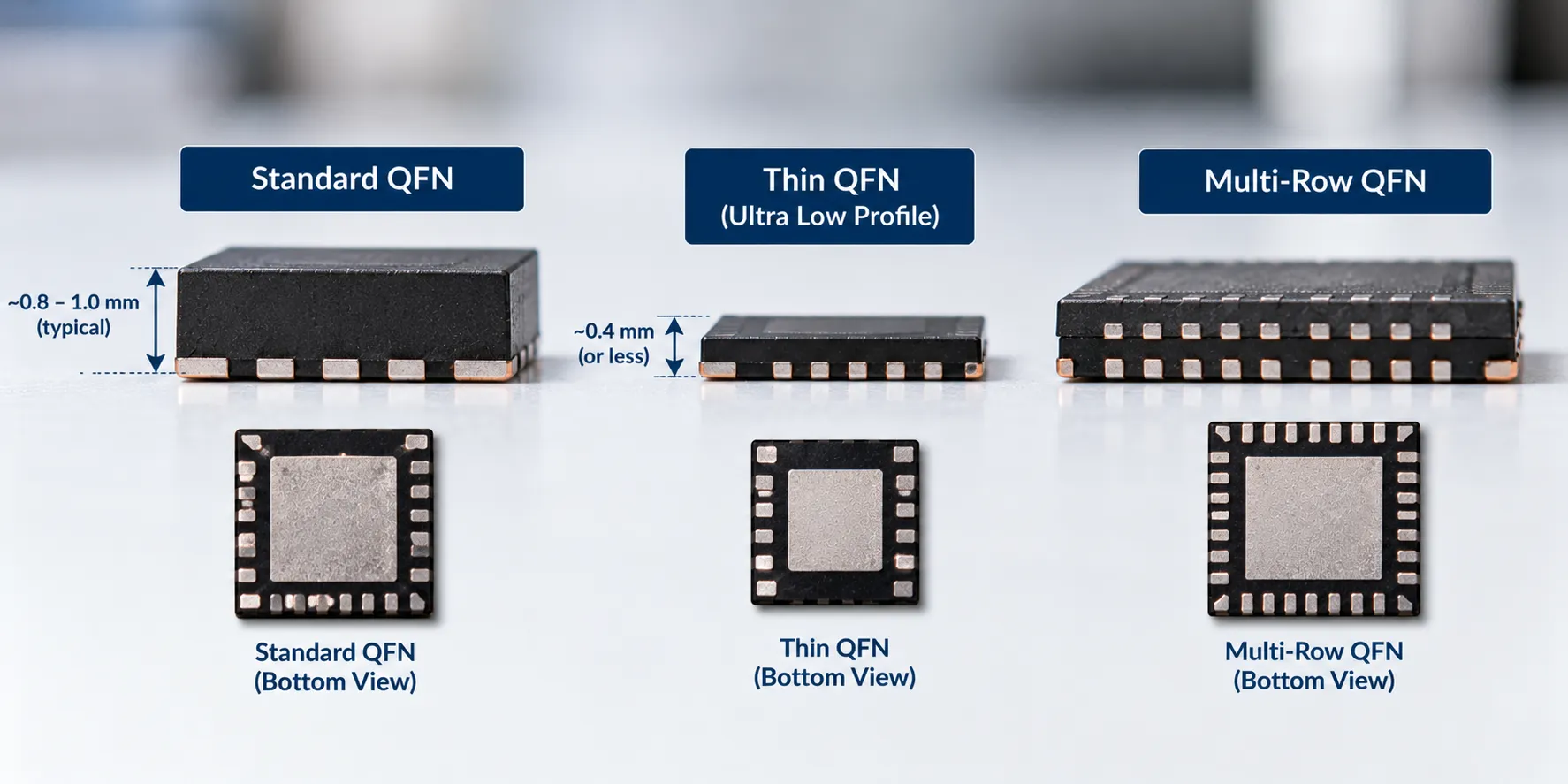Types of QFN packages including standard, thin and multi-row variants